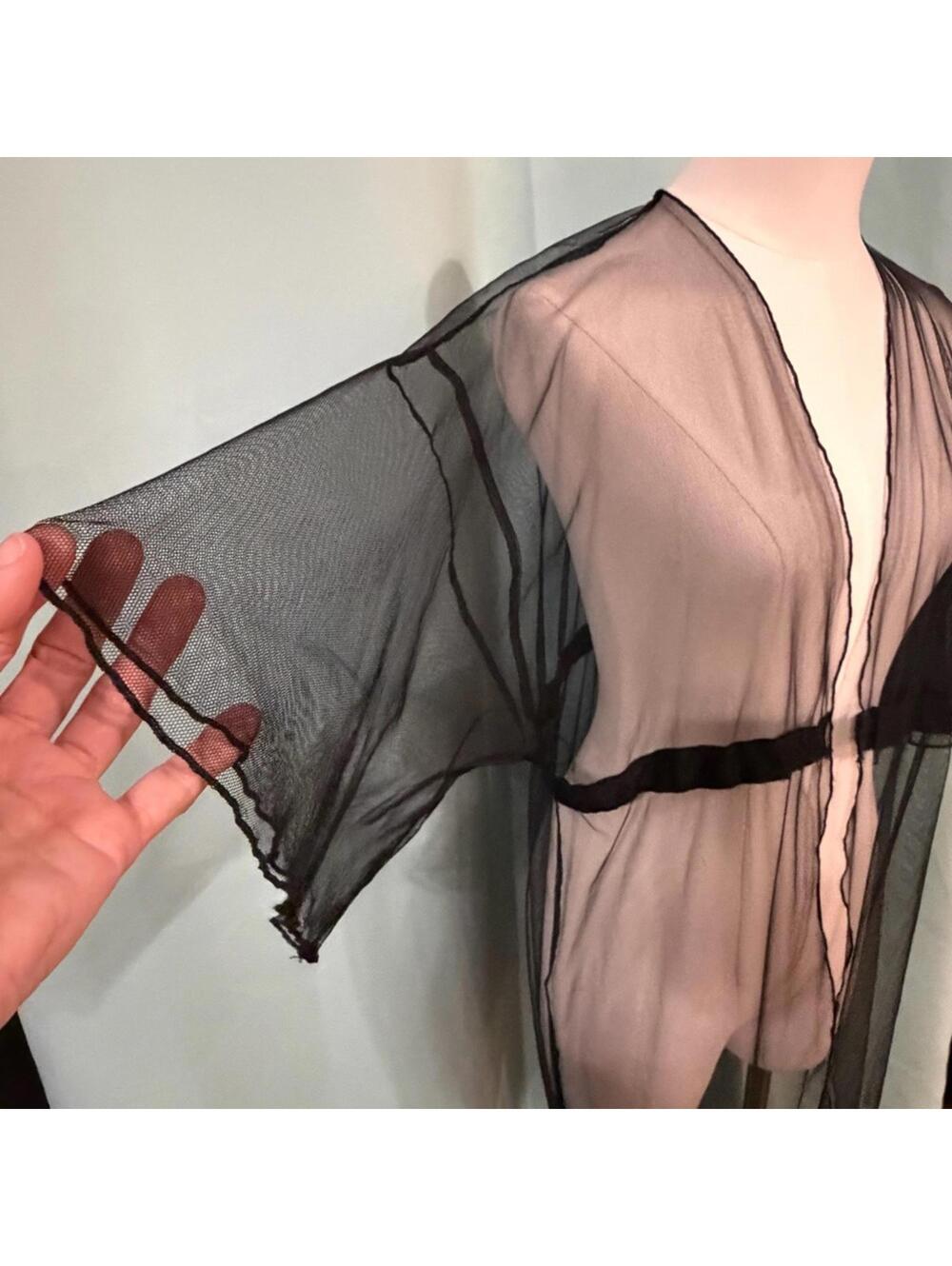 Charlotte Russe Black Sheer Mesh Maxi Duster Kimono Dress Medium Lettuce Ruffle - Picture 9 of 12